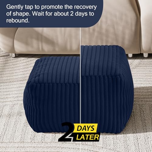 MeMoreCool Square Stuffed Pouf Ottoman Foot Rest, Stripe Furry Floor Pouf Foot Stool with Foam Chunk Filling, Soft Fluffy Stuffed Ottoman Footrest for Living Room, Faux Fur Navy - color: Ribbed Navy