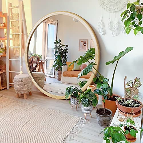 Round Wood Mirror,36 inch Circle Wooden Natural Large Farmhouse Vanity Boho Decor Wall Mirror for Bathroom Bedroom Living Room Hallway - size: 36"L x 36"W