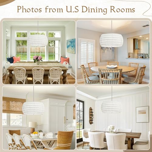 23 inch White 5 Light Rattan Chandelier Rattan Farmhouse Light Fixture Woven Pendant Lights Fabric Shade Boho Chandelier for Kitchen Dinning Room - color: 23"-White-Drum