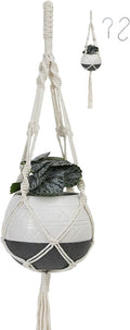 TAMAYKIM 6 Inch Ceramic Hanging Plant Pot with Macrame Plant Hanger & Hooks, Drum Shape Small Flower Planter for Indoor Outdoor, Balcony Garden Decor, White with Grey