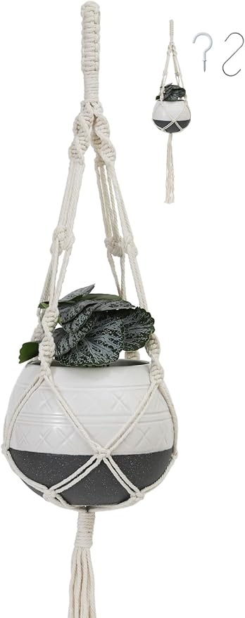 TAMAYKIM 6 Inch Ceramic Hanging Plant Pot with Macrame Plant Hanger & Hooks, Drum Shape Small Flower Planter for Indoor Outdoor, Balcony Garden Decor, White with Grey