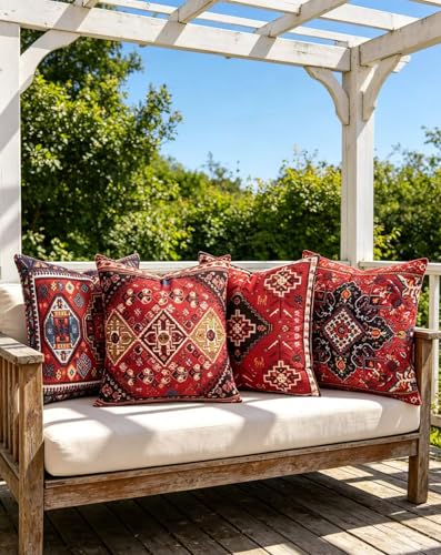 Set of 4 Boho Throw Pillow Covers 18x18 Inch Red Kilim Tribal Decorative Pillow Cases for Couch Bed Living Room Spring Summer Decor - color: Ruby Indigo, size: 18" x 18" (Pack of 4)