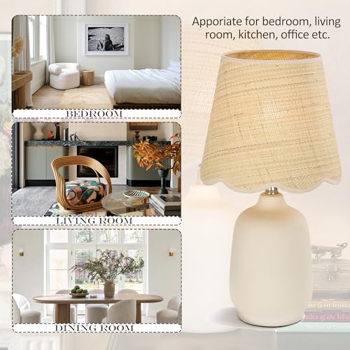 Pia Ricco 19" Modern Ceramic Table Lamp for Living Room Cream Base Desk Lamps for Bedroom Farmhouse Bedside Nightstand Lamp End Table Lamps,Beige,Rattan Shade - color: Grey Cream Base