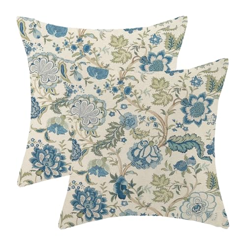 Boho Pillow Covers 18x18 Set of 2 Vintage Blue Flower Throw Pillow Covers Outdoor Decoration Chinoiserie Floral Pillowcase Farmhouse Decorative Linen Cushion Case for Home Sofa Couch - color: Boho-flower-blue, size: 18" x 18" (Pack of 2)