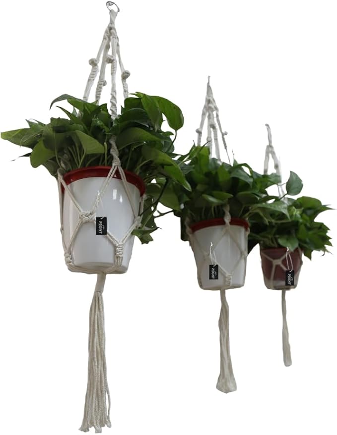 Macrame Plant Hangers Set of 3 – Handmade 39-Inch Indoor/Outdoor Hanging Planters in Ivory with Beads, Boho Home Decor for Pots up to 9 Inches (Pots Not Included)