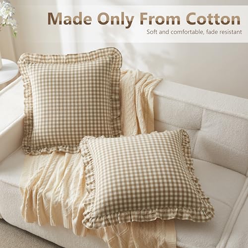 KKJIAF Ruffle Gingham Pillow Covers 26 x 26 Inches, Cotton Plaid Throw Pillow Shams Set of 2, Linen Feel Ruffled Plaid Pillow Cases with Envelope Closure for Sofa Bed (Taupe/White Plaid) - color: Taupe/White Plaid, size: 26" x 26" (Pack of 2)