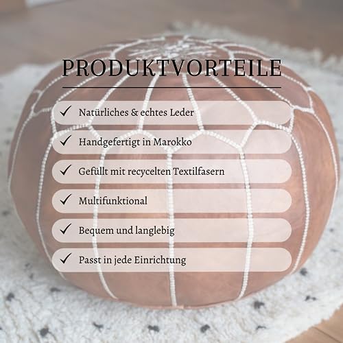 Poufs&Pillows Premium Moroccan Leather Pouf - Handmade - Delivered Stuffed - Ottoman, Footstool, Floor Cushion (Cognac Brown)