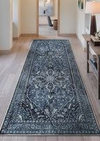Bloom Rugs Caria Washable Non-Slip 7 ft Runner - Blue/Charcoal Traditional Runner for Entryway, Hallway, Bathroom, and Kitchen - Exact Size: 2'6" x 7' - color: Blue / Charcoal, size: 2'6" x 7' (Runner)