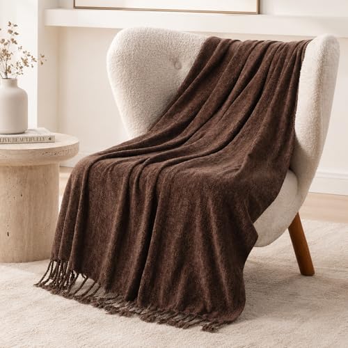 BATTILO HOME Brown Chenille Throw Blanket for Couch, Soft Cozy Textured Knit Throw Blanket with Handmade Fringe Tassels, Lightweight Decorative Farmhouse Blanket for Sofa Bed Chair, 50"x60" - color: Brown