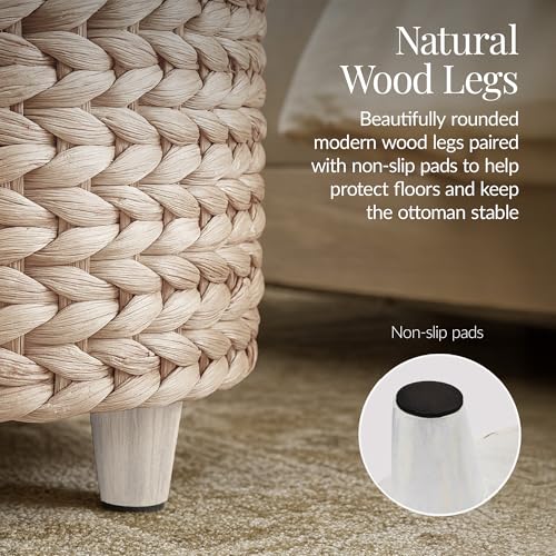 Best Choice Products 17" Round Storage Ottoman W/Lid, Handwoven Water Hyacinth Footstool, Footrest w/Wooden Legs, Accent Side Table, Storage Container, Plant Stand - Whitewash - color: Whitewash