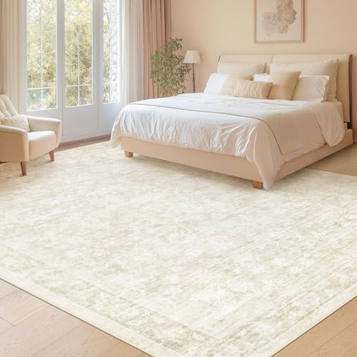 9x12 Area Rugs for Living Room: Washable Large Vintage Floral Rug Low Pile Non-Slip Boho Carpet for Bedroom Dining Home Office (Beige, 9'x12') - color: Beige, size: 9' x 12' (Rectangular)