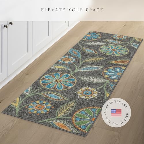 Maples Rugs Reggie Floral Runner Rug - Made in USA - Washable, Non Slip Indoor Carpet for Kitchen, Hallway, and Laundry Room, 2' x 6', Dark Grey - color: Dark Grey, size: 2' x 6' (Rectangular)