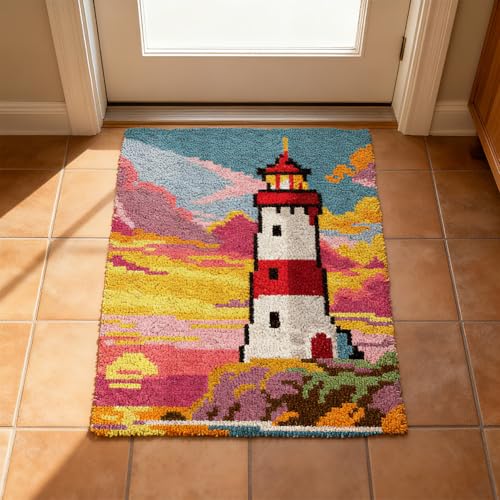 ORIGACH Lighthouse Latch Hook Rug Kit for Adults Printed Rug Making Kit Handmade Carpet Tapestry Cover with Hook Latch and Preprinted Canvas, Home Arts Crafts Sofa Decor, 20.5x15inch - style: Lighthouse