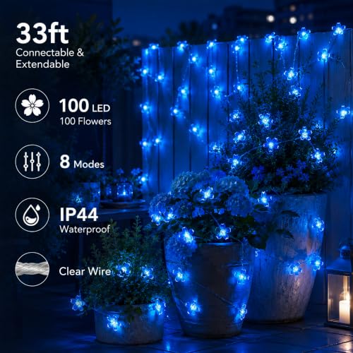 Plug in Blue Flower String Lights, 33ft 100 LED Cherry Blossom Fairy Lights | 8 Modes Ip44 Waterproof Connectable Extendable Floral Lamp For Valentine'S Day, Wedding Party Indoor Outdoor Decor - color: Blue