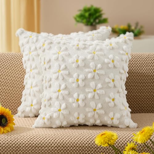 DFXSZ Spring Summer Pillow Covers 18x18 inch Set of 2 Farmhouse Decor Yellow Flower Heart Daisy Soft Plush Faux Fur Jacquard Throw Pillows for Bedroom Sofa Holiday Spring Summer Home Decor PTK024A18 - color: White Daisy, size: 18" x 18" (Pack of 2)
