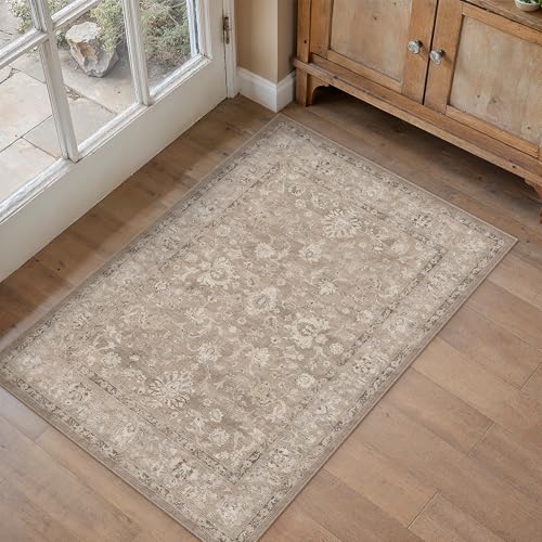 HUGEAR 2x3 Washable Vintage Entryway Area Rug Light Brown Neutral Distressed Low Pile Non Slip Soft Small Carpet Indoor Door Mat Throw Rug for Entrance Kitchen Bathroom Laundry Room - color: Light Brown, size: 2' x 3' (Rectangular)