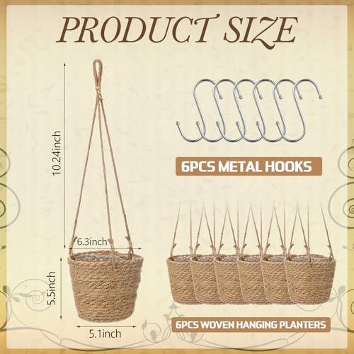 6 Pcs Seagrass Hanging Planter Basket Hand Woven Plant Basket with Plastic Liners Hanging Plant Holder Storage Containers with Cotton Rope for Indoor Outdoor Garden Home Decor (Brown) - color: Brown, size: Small