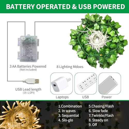Freyalife Artificial Vines with LED Fairy Lights, 33ft Green Silk Ivy Garland, 8 Light Modes, Remote Control, Indoor Decor for Bedroom, Living Room, Wedding, Party - color: Ivy String Lights-Remote controlled, size: 12Pack Vines-80LED
