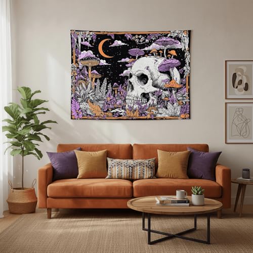 Accnicc Mushroom Skull Tapestry Gothic Skeleton Vintage Plant Tapestries Wall Hanging Botanical Witchy Horror Small Tapestry for Bedroom Living Room Dorm 48 x 36 inch - color: Purple White, size: 48"L x 36"W