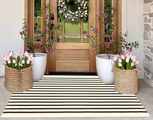 Black and Beige Outdoor Rug 3'x5',Machine Washable Striped Porch Rug Cotton Woven Farmhouse Front Door Mats for Porch/Entryway/Home Entrance Decor/Bedroom/Laundry Room/Patio/Front Door - color: Beige Black, size: 3' x 5' (Rectangular)