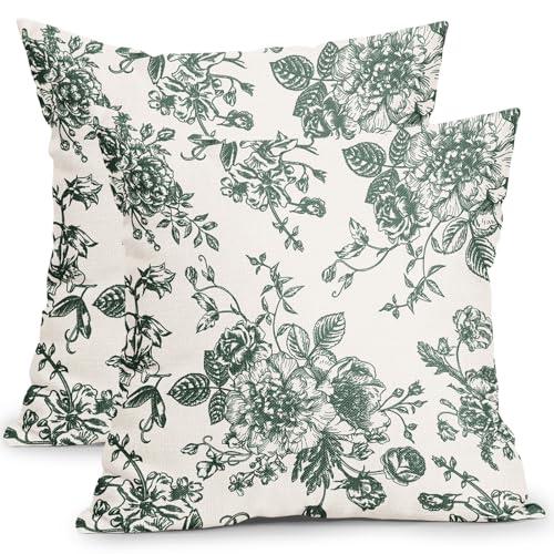 Dark Green and Cream Floral Pillow Covers 18x18 Inch Set of 2 Vintage Floral Throw Pillow Covers Chinoiserie Flower Pillowcases Rustic Farmhouse Cotton Linen Cushion Covers for Couch Bed Sofa Decor - color: Dark Green, size: 18" x 18" (Pack of 2)