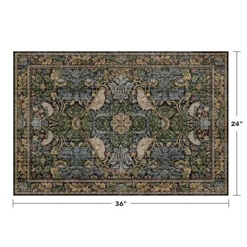 Hazo Haus Washable Dark Vintage Floral Rugs for Entryway - Small 2x3 Washable Rug for Kitchen Bathroom Door Mat Indoor Entrance with Bird & Botanical Pattern, Brown Earthy Tones, Non Slip Low Pile - color: Dark Green / Brown, size: 2' x 3' (Rectangular)
