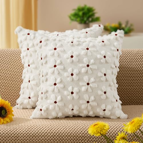 DFXSZ Spring Summer Pillow Covers 16x16 inch Set of 2 Farmhouse Decor Rust Color Flower Heart Daisy Soft Plush Faux Fur Jacquard Throw Pillows for Bedroom Sofa Holiday Spring Home Decor PTK024B16 - color: Rust White, size: 16" x 16" (Pack of 2)