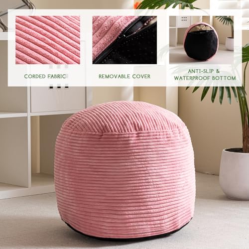 HIGOGOGO Round Stuffed Pouf Ottoman, Corduroy Poufs with Foam Chunk Filling, Furry and Fluffy Pouf Foot Stool Storage Ottoman, 20 X 15 Floor Poufs Foot Rest for Living Room, Pink - color: Pink, size: 20"D x 20"W x 15"H