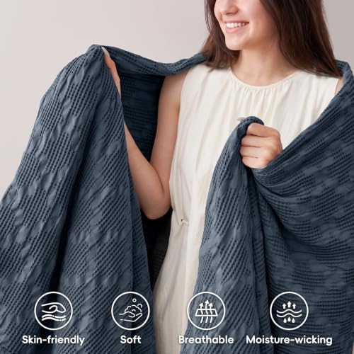 David's Home 100% Cotton Waffle Blanket King Size for College Dorm, Lightweight Breathable Cooling Throw for Spring Summer, Snag-Resistant, Aesthetics Home Decor for Couch Sofa Bed, Indigo, 104 * 90 - color: Indigo, size: King(104*90")
