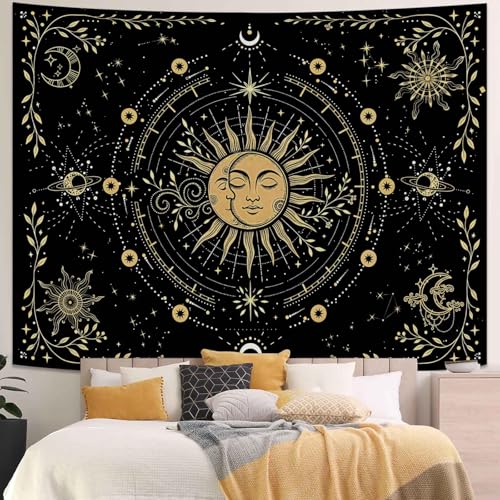 Kanuyee Celestial Sun and Moon Tapestry, Cosmic Stars Wall Tapestry, Bohemian Galaxy Tapestries for Room Decor, Artistic Tapestry 80"x60" - color: Gold Black, size: 80"L x 60"W
