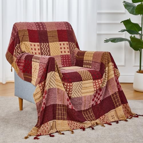 amorus Boho Sofa Cover, Chenille Jacquard Tassels Throw Blankets for Couch Bed, Decorative Sofa Slipcover Protector - Red Plaid (60 * 75inch) - color: Red Plaid, size: 60 x 75 in