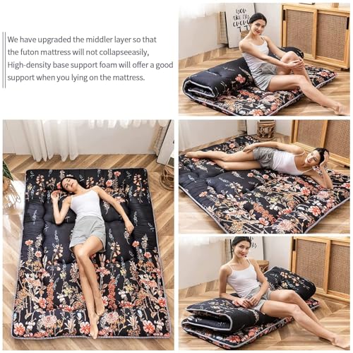 Black Floral Japanese Futon Floor Mattress, Mattress Topper Portable Thick Sleeping Pad Floor Mat Roll Up Camping Mattress Folding Couch Mattress Pad for Guest Room, Twin Size - color: Black Floral, size: Twin