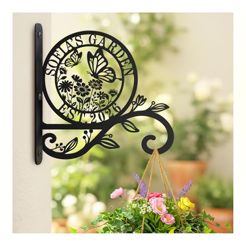 Personalized Metal Plant Hanger Bracket, Custom Name Hanging Plant Hook for Indoor Outdoor Use, Decorative Wall Mount Garden Hook for Flower Baskets, Bird Feeder, Wind Chime (Garden) - style: Garden1