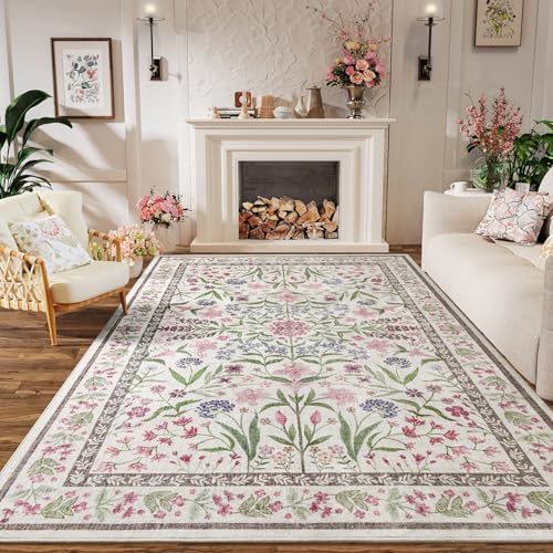 Amearea 6x9 Feet Floral Area Rugs for Living Room, Boho Pink Rugs for Bedroom Girls, Cute Kids Room Print Carpet Vintage Low Pile Machine Washable Area Rug, Office Nursery Dining Room Farmhouse Decor - color: Pink, size: 6x9 Feet
