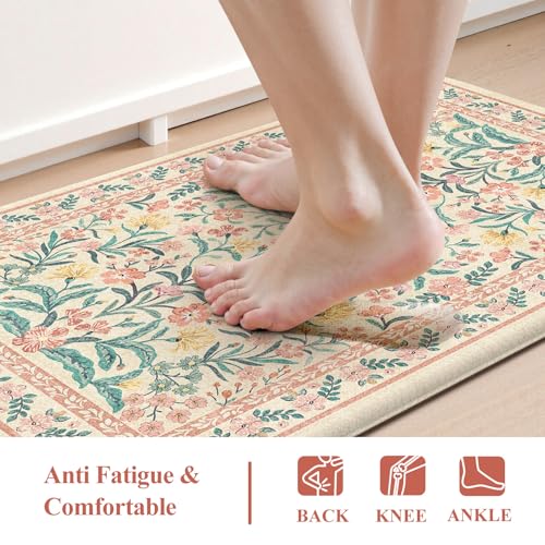 Collive Kitchen Mats Cushioned Anti Fatigue, Waterproof Kitchen Floor Mat Non Slip Desk Rugs Comfort Standing Rug, Pink Floral Carpets for Sink, Office, Laundry, Home Decor, 20" x 47" + 20" x 32" - color: Pink, size: 20"x32"+20"x47"