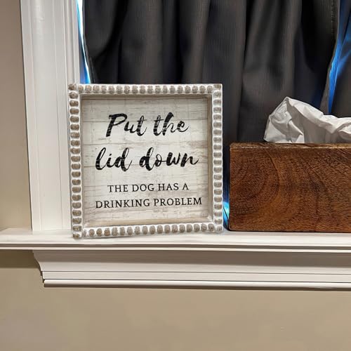 Boho Farmhouse Wooden Framed Bathroom Decor Signs, Funny Restroom Decorative Plaque Small Cute, Toilet Rules Shelf Decoration (Put the Lid Down the Dog Has A Drinking Problem) - color: Put the Lid Down the Dog Has A Drinking Problem
