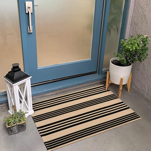 KIMODE Front Door Mats 24"x35", Striped Layered Door Mats Outdoor, Washable Farmhouse Outdoor Porch Decor, Cotton Hand Woven Rugs for Entryway Kitchen Black and Khaki - color: Black and Khaki Stripes, size: 2' x 3' (Rectangular)