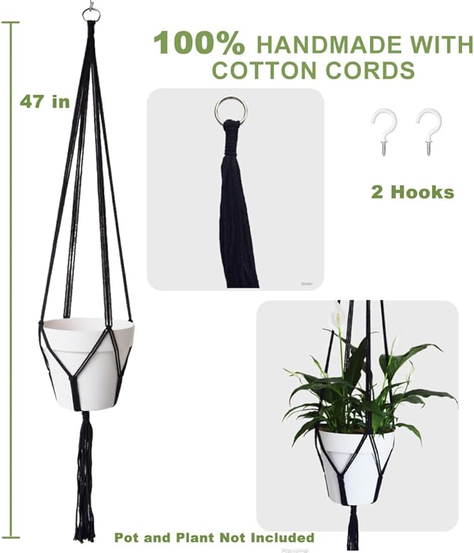2 Pack Macrame Plant Hanger,Indoor Plant Hanger with Tassel for Boho Home Decor,47 inches Hanging Plant Holder with 2 Hooks(Black)