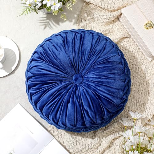 Drydiet 1 Pcs Round Throw Velvet Pillows Decorative Pleated Throw Pillows Diameter Accent Pumpkin Boho Chair Cushion for Couch Sofa Home Decoration (Royal Blue,15'') - color: Royal Blue, size: 15''