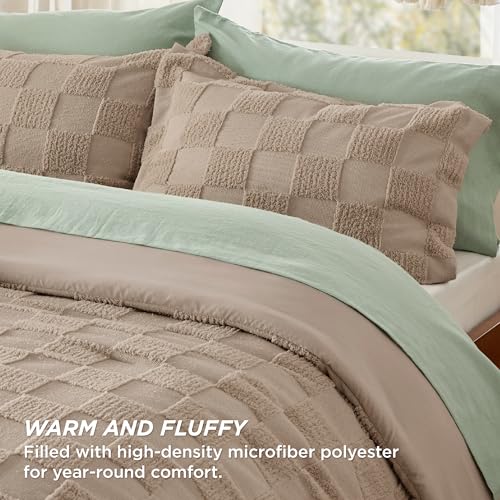 Bedsure Full Size Comforter Set Khaki, Boho Tufted Bed Set, Checkered Farmhouse-Style Distressed Vintage Bedding, 3 Pieces, 1 Plaid Geometric Comforter and 2 Pillow Shams - color: 01 - Khaki - Tufted Checkboard, size: Full