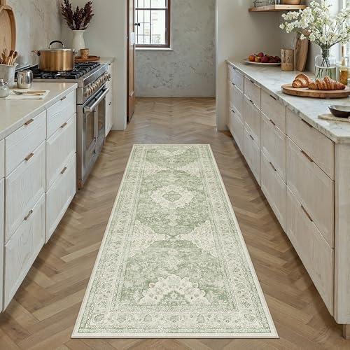 2x6 Green Washable Vintage Runner Rug for Living Room Bedroom Soft Tranditional Non Slip Area Rug Lightweight Floral Low Pile Distressed Runner Entrance Laundry Room Hallway - color: Vintage | Green, size: 2'x6'