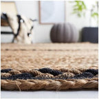 SAFAVIEH Natural Fiber Collection Area Rug - 6' Square, Natural & Black, Handmade Stripe Boho Farmhouse Rustic Braided Jute, Ideal for High Traffic Areas in Living Room, Bedroom (NFB262Z)