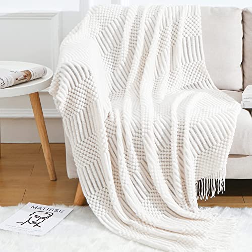 Blagic Knitted Throw Blanket for Couch Soft Farmhouse Boho Throw Blanket with Tassels Home Decorative Lightweight Throw Blankets,White Throws for Bed/Chair/Sofa, Pineapple Textured,50" W x 60" L - color: F-white, size: 50 × 60 in