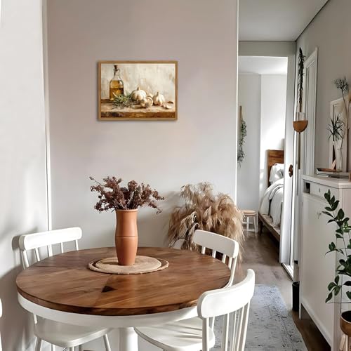 Framed Vintage Kitchen Canvas Wall Art, Rustic Garlic and Herbs Pictures Wall Decor, Neutral Still Life Paintings Prints Aesthetic Home Decor for Farmhouse Dining Room Living Room 12x16 inch - color: Garlic, size: 16"L x 12"W