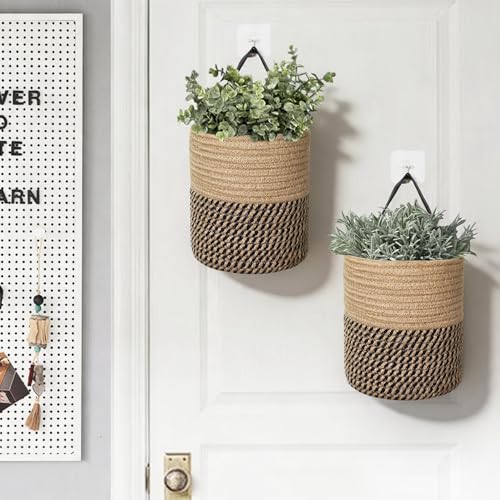 MEGASKET 2 Pack Wall Basket, Small Hanging Baskets for Organizing, Wicker Boho Wall Decor Set, Indoor Hanging Plant Holder Jute Rope Storage Basket, Rattan Woven Organizer for Decor, Black and Jute - color: Black and Jute