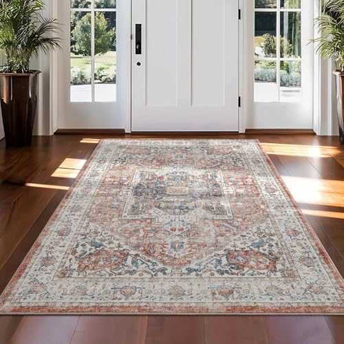 Area Rug 5x7 for Living Room - Mechine Washable Non-Slip Vintage Rugs for Bedroom - Low Pile Thin Large Floor Carpet for Dinning Room Home Office,Vintage Blush - color: Vintage Blush, size: 5' x 7' (Rectangular)