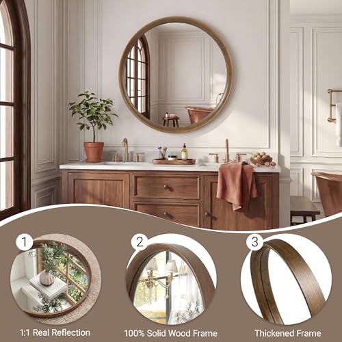 Brakki Round Wall Mirror with Wood Frame, 28 inch Circle Mirror for Bathroom Bedroom Entryway Vanity Living Room, HD Shatterproof Glass, Wall Mounted Decor, Hanging or Leaning, Walnut - size: 28"L x 28"W