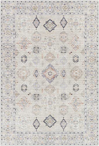 Hauteloom Beckett Machine Washable Area Rug - Distressed Border Medallion Diamond Floral - Traditional Oriental Transitional Oushak - Beige, Brick Red, Navy, Cream, Gray - 5'3" x 7' - color: Beige, Brick Red, Navy / Beckett, size: 5'3" x 7' (Rectangular)