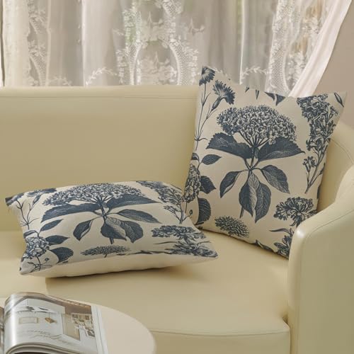 Navy Blue Pillow Covers 16x16 Inch 2 Pcs Boho Vintage Floral Decor Throw Pillows Hydrangea Flower Seasonal Outdoor Farmhouse Neutral Accent Decoration Pillowcase Linen Cushion Cover for Couch - color: Boho Blue Hydrangea, size: 16" x 16" (Pack of 2)