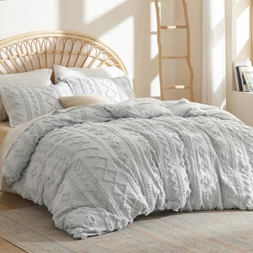 Bedsure Boho Duvet Cover Queen Size, Soft & Comfortable Elegant Design Boho Bedding for Decoration, Machine Washable Comforter Cover for All Seasons,Includes 1 Duvet Cover & 2 Pillow Shams,Light Grey - color: 10 - Light Grey - Elegant (No Comforter), size